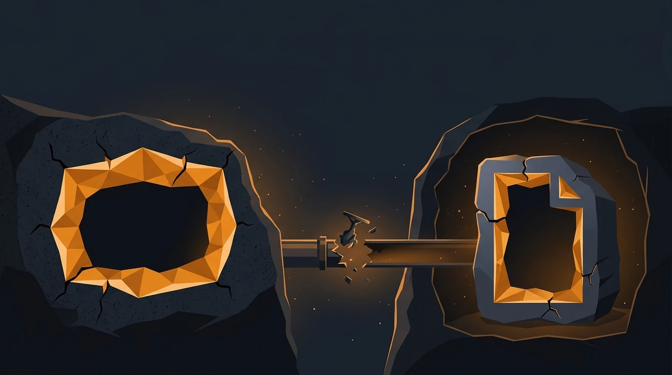 Illustration of two glowing cave openings shaped like a browser window and a document icon, connected by a broken pickaxe handle symbolizing a fractured hiring system.