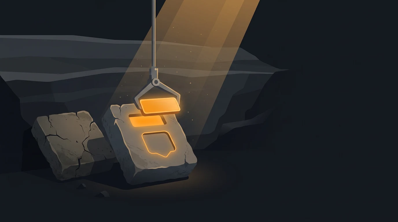 Illustration of a glowing key-shaped puzzle piece with a shield outline being lifted by a hook from cracked stone blocks in a dark cave, lit by a beam of light from above.