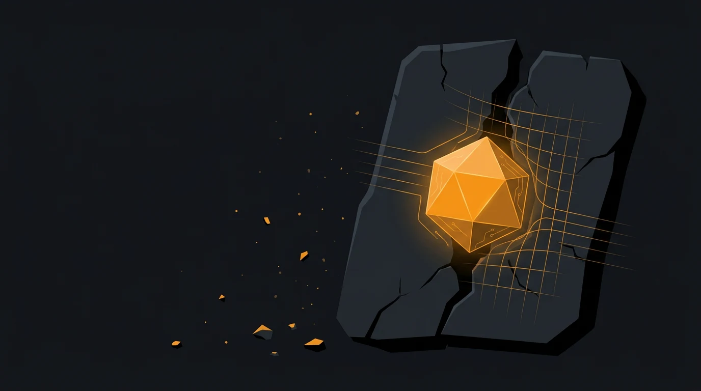 A glowing orange geometric gem embedded in a cracked dark stone slab, with a golden grid pattern radiating across the fractured surface and small glowing fragments scattered below.