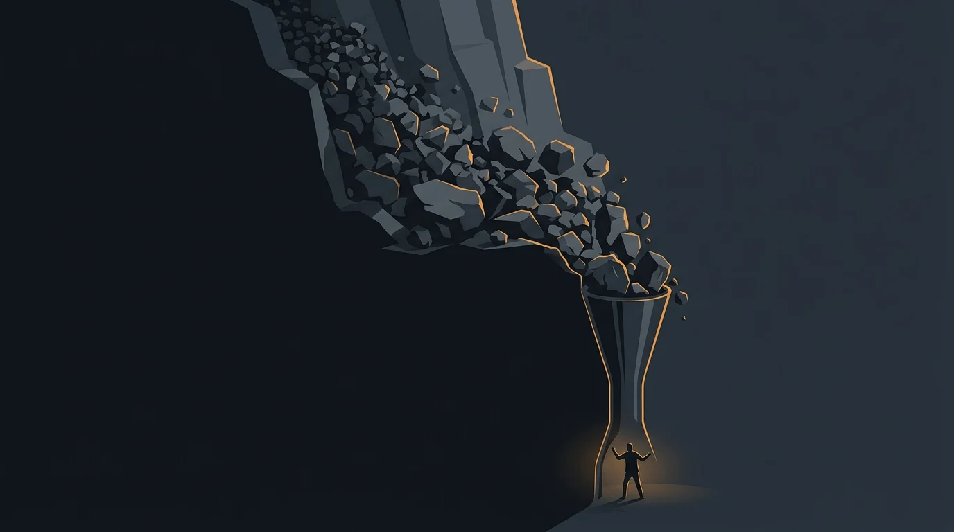 Illustration of a tiny figure holding up a giant funnel that channels an avalanche of falling rocks from a cliff, symbolizing an overwhelming flood of applicants.