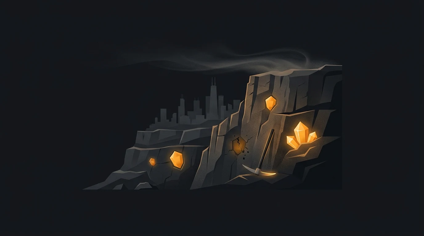 Illustration of a rocky cliff embedded with glowing gold gems and a pickaxe, with a city skyline silhouette in the background.