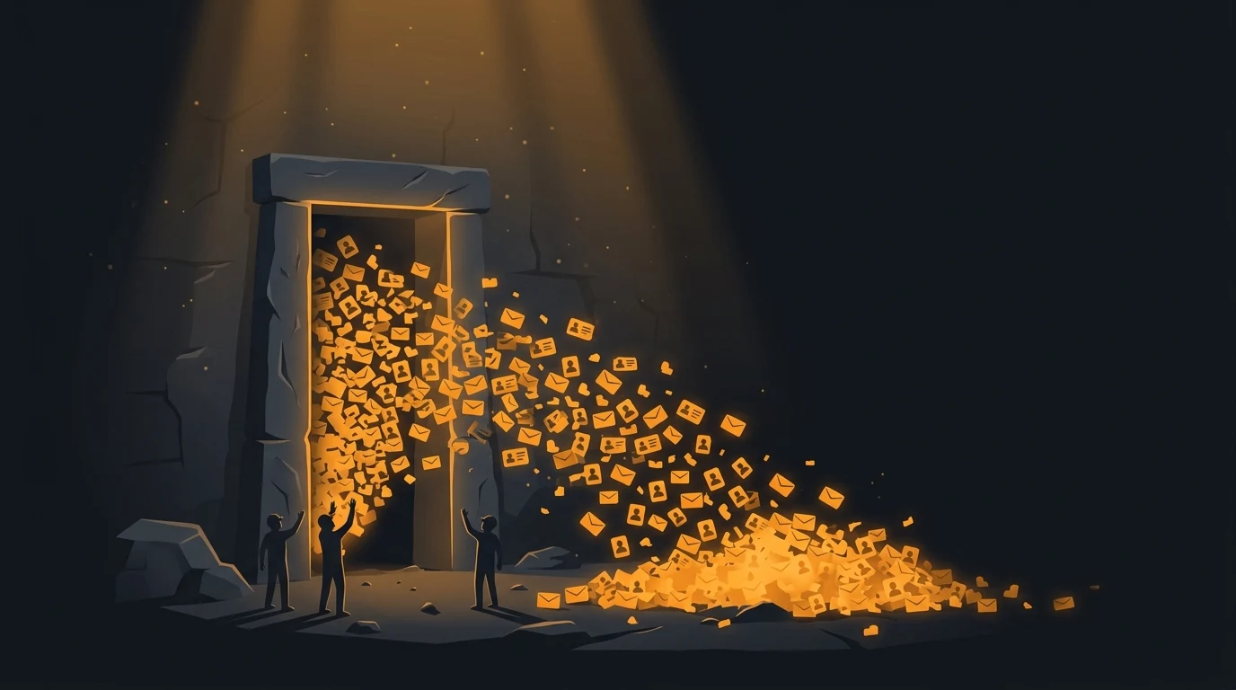 Illustration of two silhouetted figures opening a glowing stone doorway from which a flood of glowing email icons pours out into the dark.