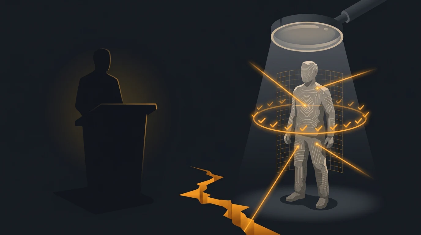 Illustration of a magnifying glass and glowing checkmarks scrutinizing a textured human figure, while a shadowy figure at a podium stands separate, divided by a jagged crack in the ground.
