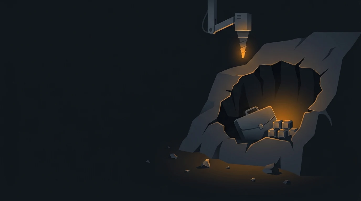 Illustration of a robotic drilling arm boring into a rock formation to reveal a glowing briefcase and gold cubes hidden inside, symbolizing hidden costs beneath AI-driven job cuts.