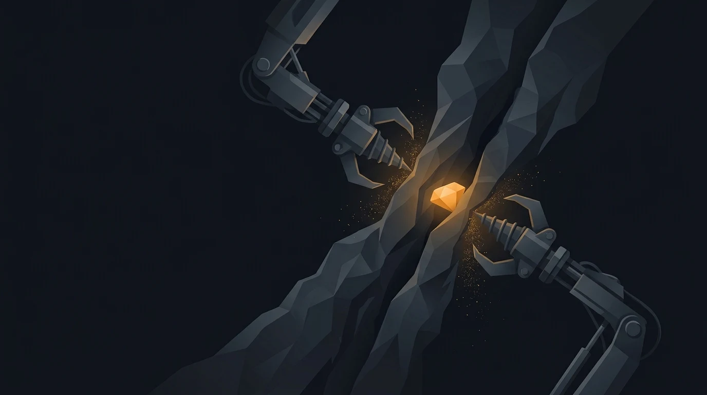 Illustration of two robotic claws reaching into a rock crevice to extract a glowing orange gemstone.