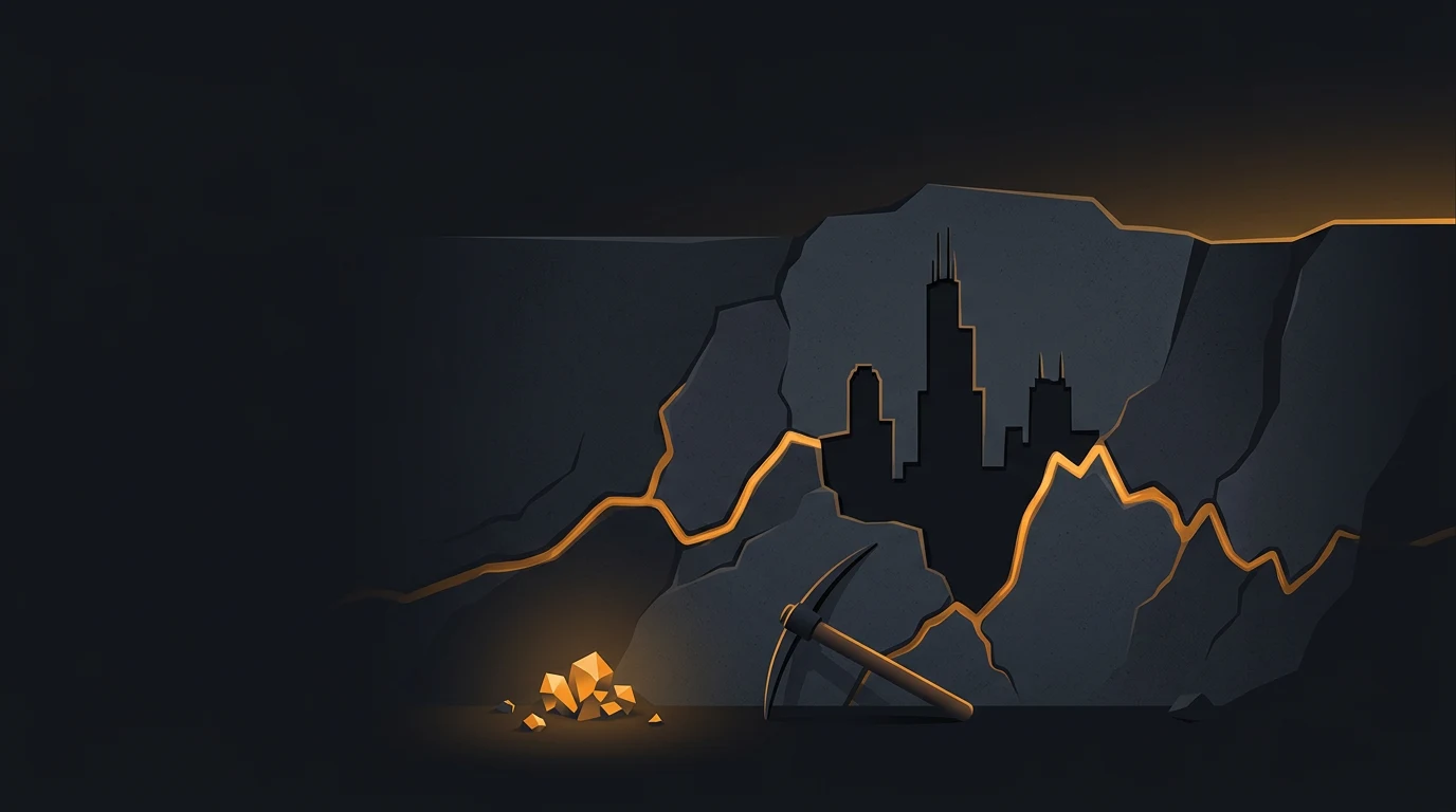 Illustration of a cracked rock wall glowing with gold veins, revealing a city skyline silhouette behind it, with a pickaxe and gold nuggets in the foreground.