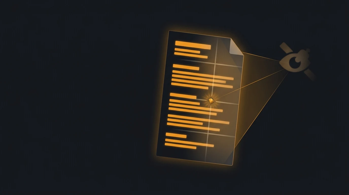 Illustration of a glowing document with orange text lines beaming light into a stylized eye icon, symbolizing a resume being scanned or surveilled.