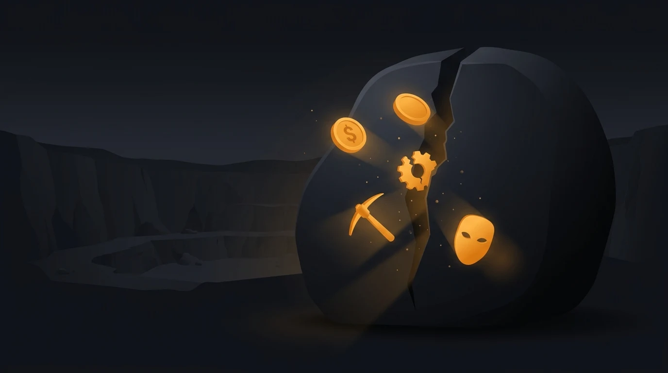 A cracked boulder glows from within, revealing icons of coins, a gear, a pickaxe, and an eerie mask emerging from the darkness.