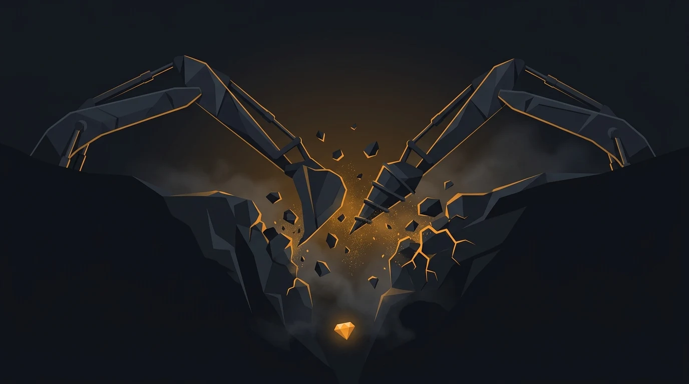 Illustration of two mechanical claw arms with glowing orange cracks reaching toward a small glowing diamond amid shattered rock fragments on a dark background.