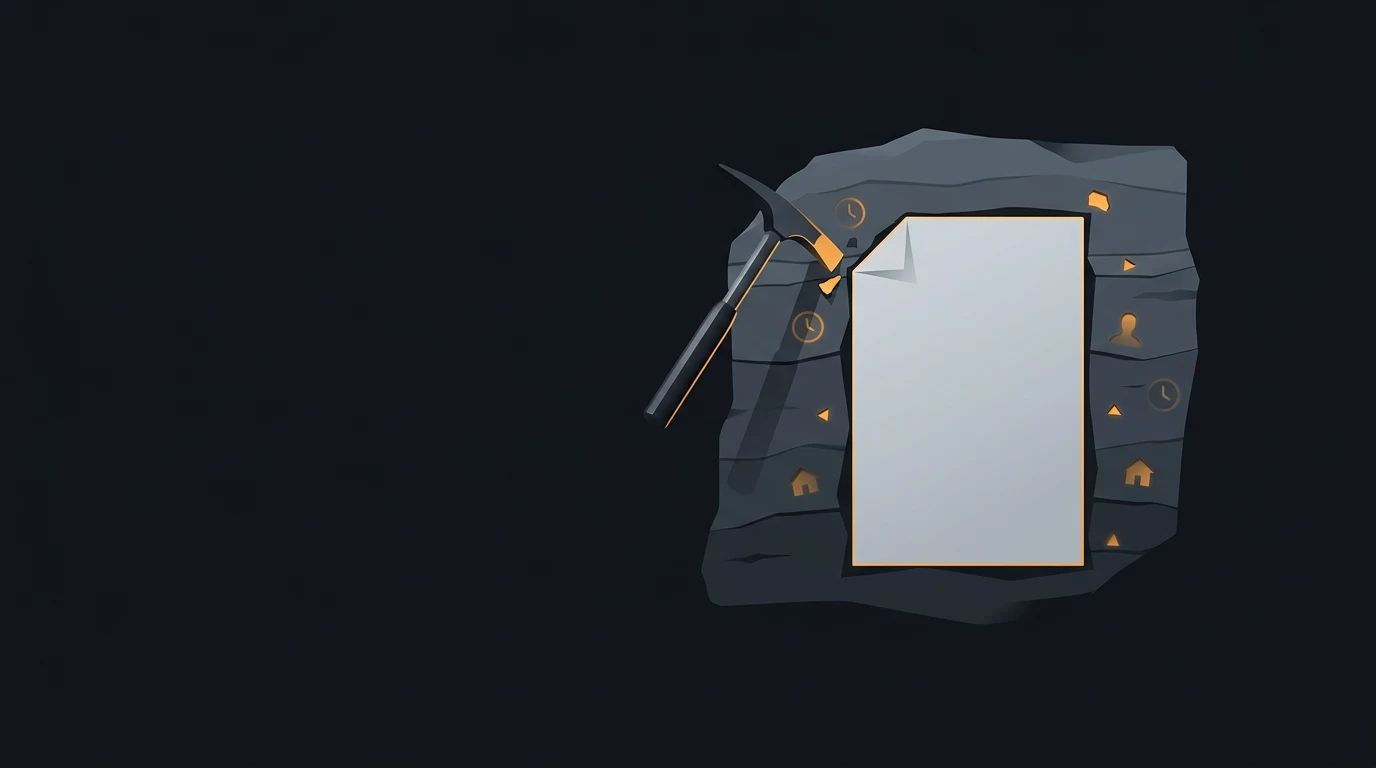 Illustration of a pickaxe striking a blank document embedded in a rock wall surrounded by small icons of a clock, folder, person, house, and arrows.