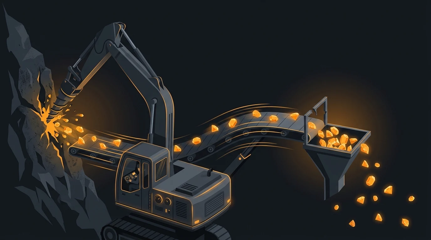 Illustration of an excavator digging glowing gold nuggets from rock and transporting them via conveyor belt into a collection bin.